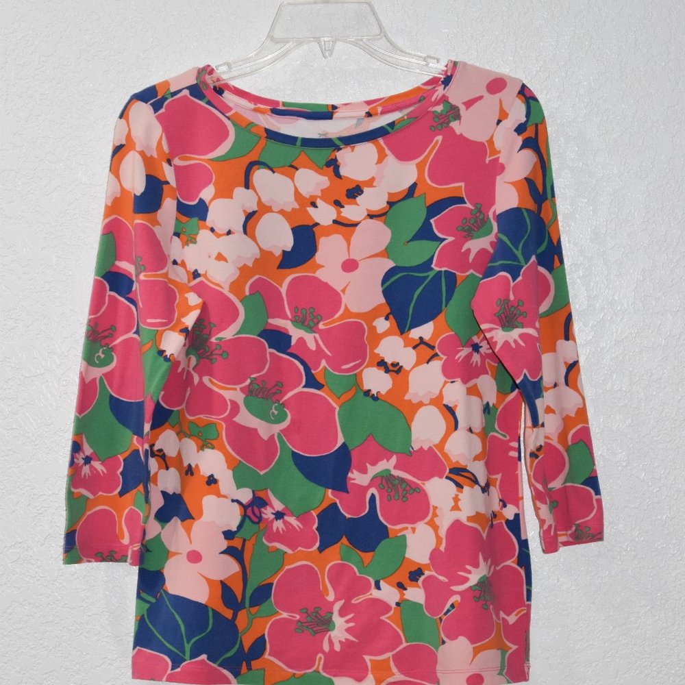 Talbot Petites Cotton Spandex top blouse 3/4 sleeve Tropical Floral print Medium - Picture 1 of 5